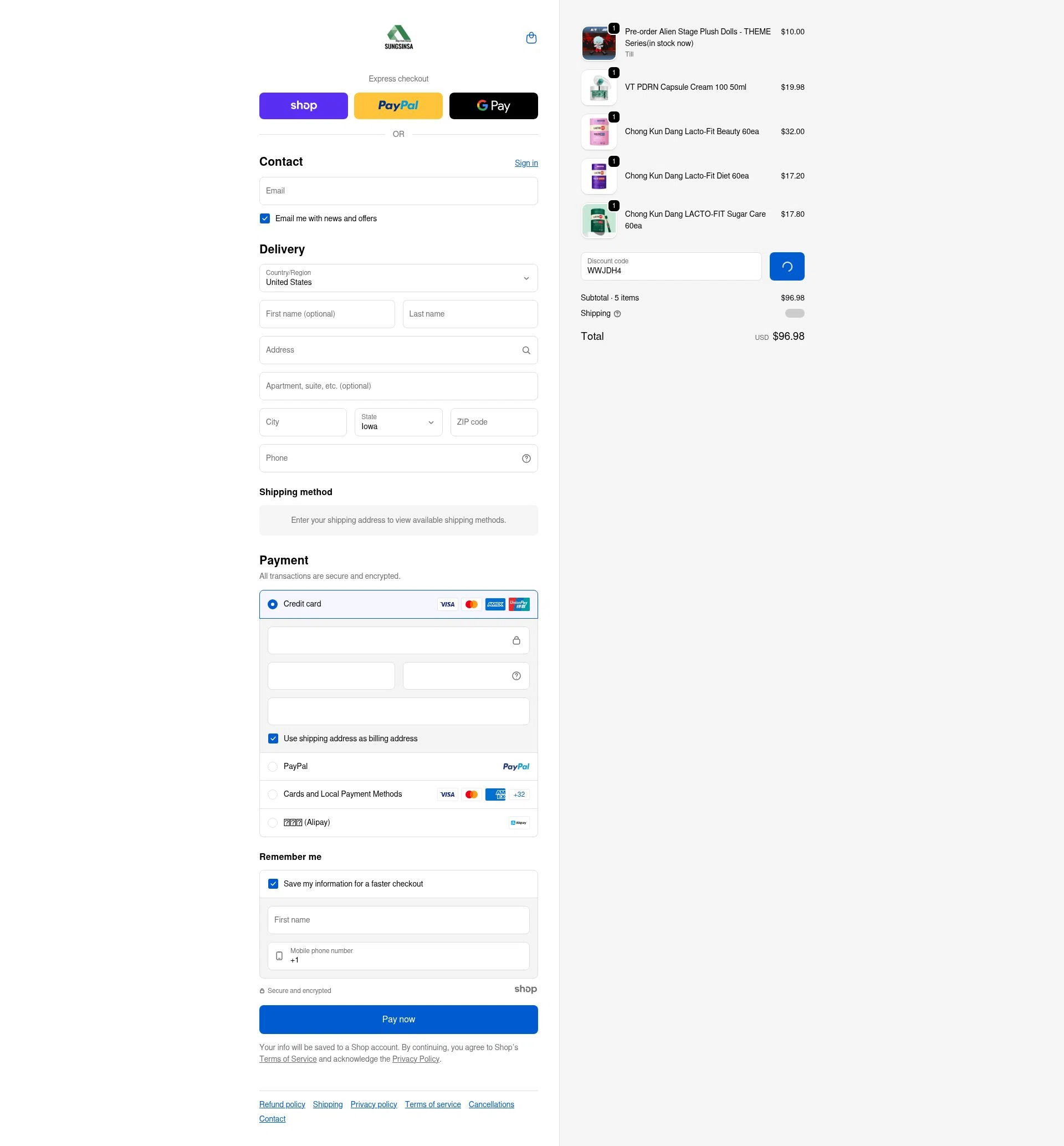 SUNGSINSA checkout page showing SUNGSINSA discount code box | Screenshot taken by SimplyCodes community member on Dec 27, 2025