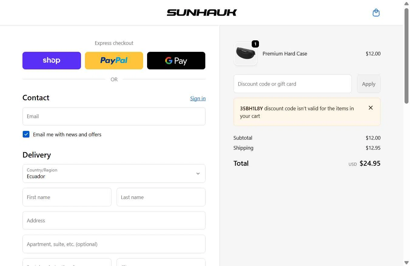 Sunhauk Eyewear checkout page showing Sunhauk Eyewear promo code box | Screenshot taken by SimplyCodes community member on Feb 22, 2026