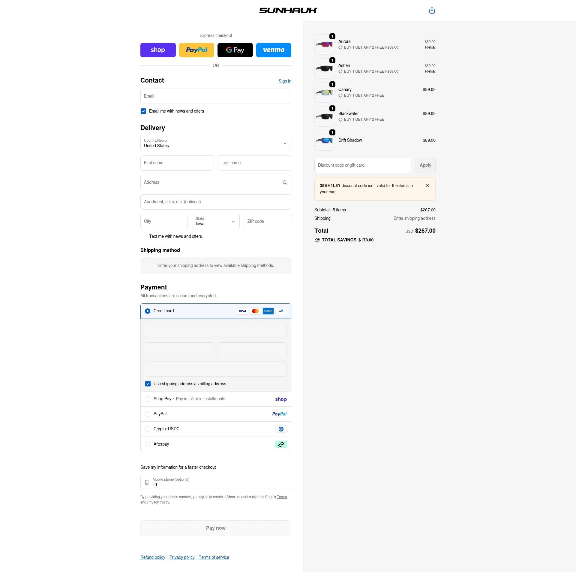 Sunhauk Eyewear checkout page showing Sunhauk Eyewear promo code box | Screenshot taken by SimplyCodes community member on Feb 9, 2026