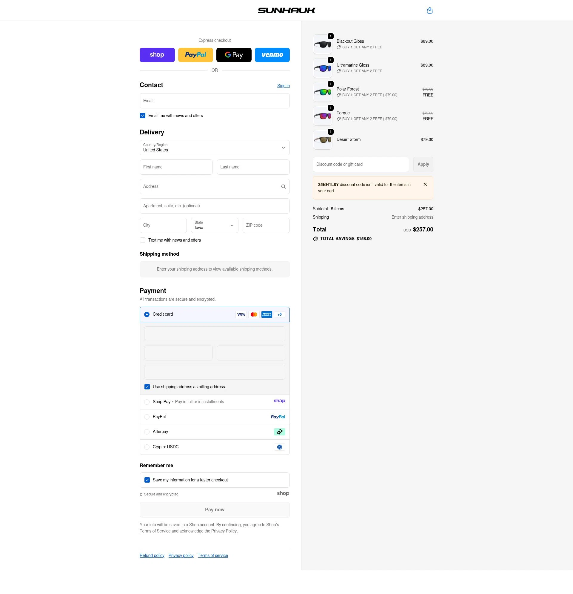 Sunhauk Eyewear checkout page showing Sunhauk Eyewear promo code box | Screenshot taken by SimplyCodes community member on Jan 18, 2026