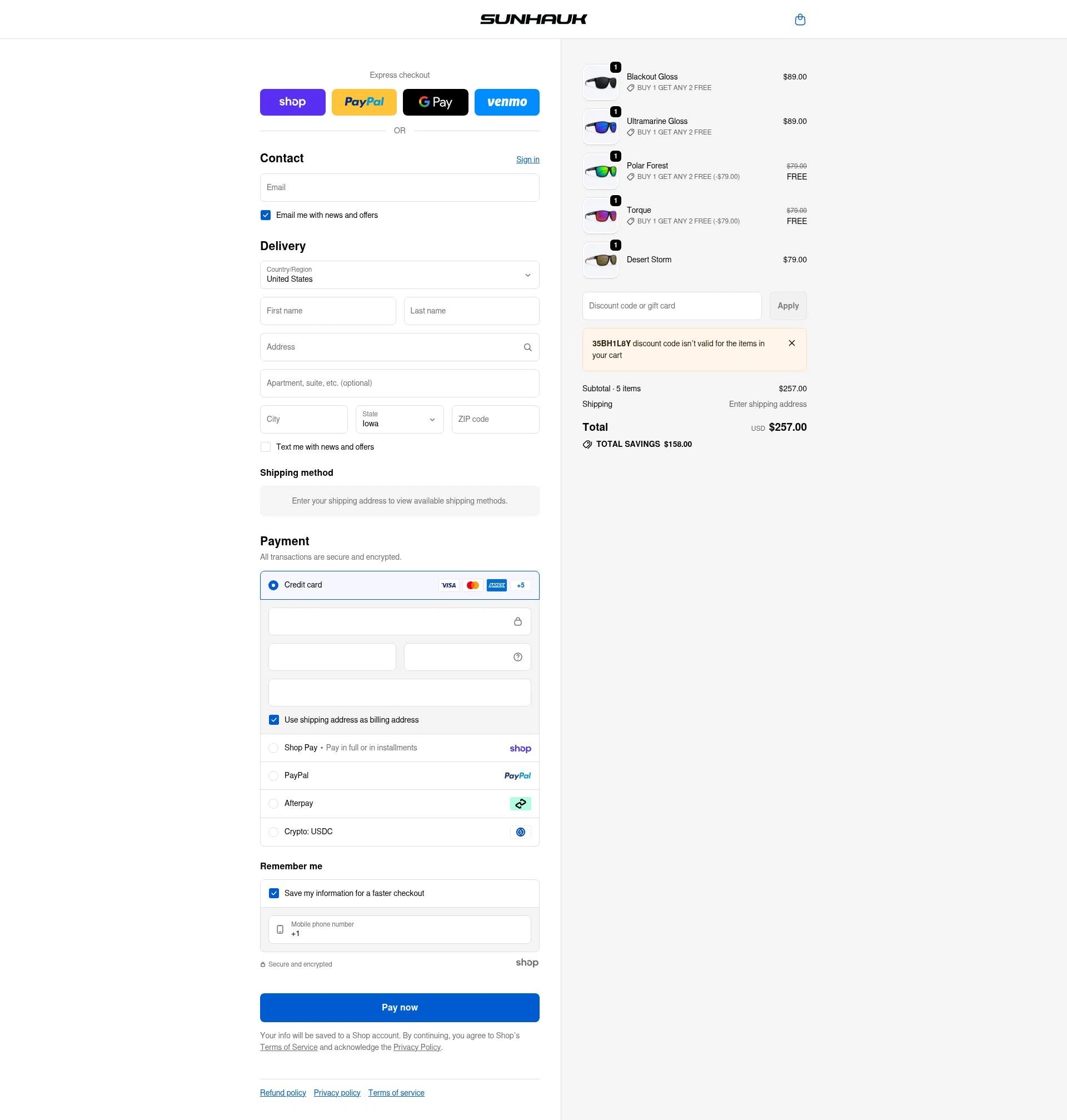 Sunhauk Eyewear checkout page showing Sunhauk Eyewear promo code box | Screenshot taken by SimplyCodes community member on Jan 27, 2026