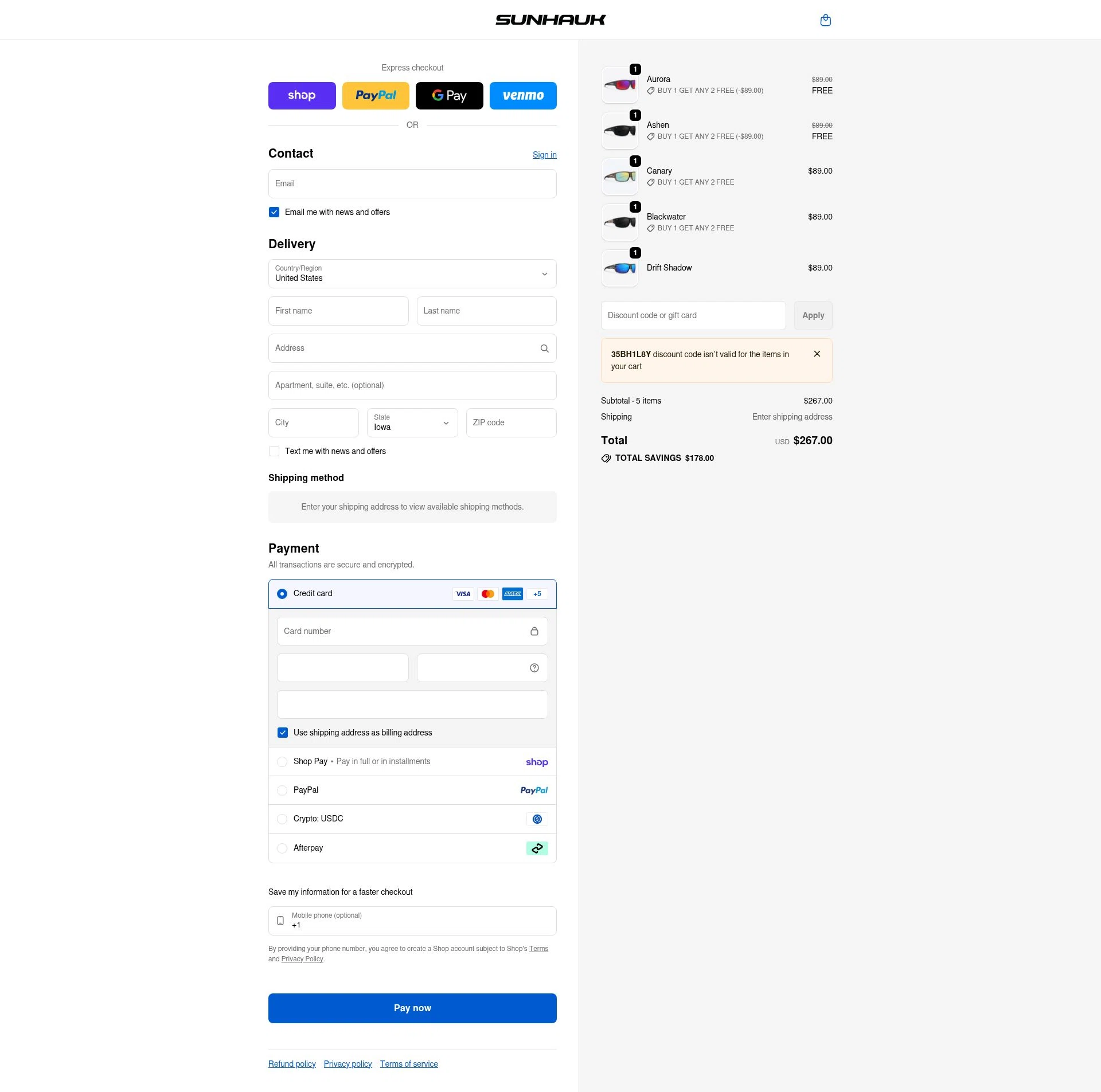 Sunhauk Eyewear checkout page showing Sunhauk Eyewear promo code box | Screenshot taken by SimplyCodes community member on Feb 14, 2026