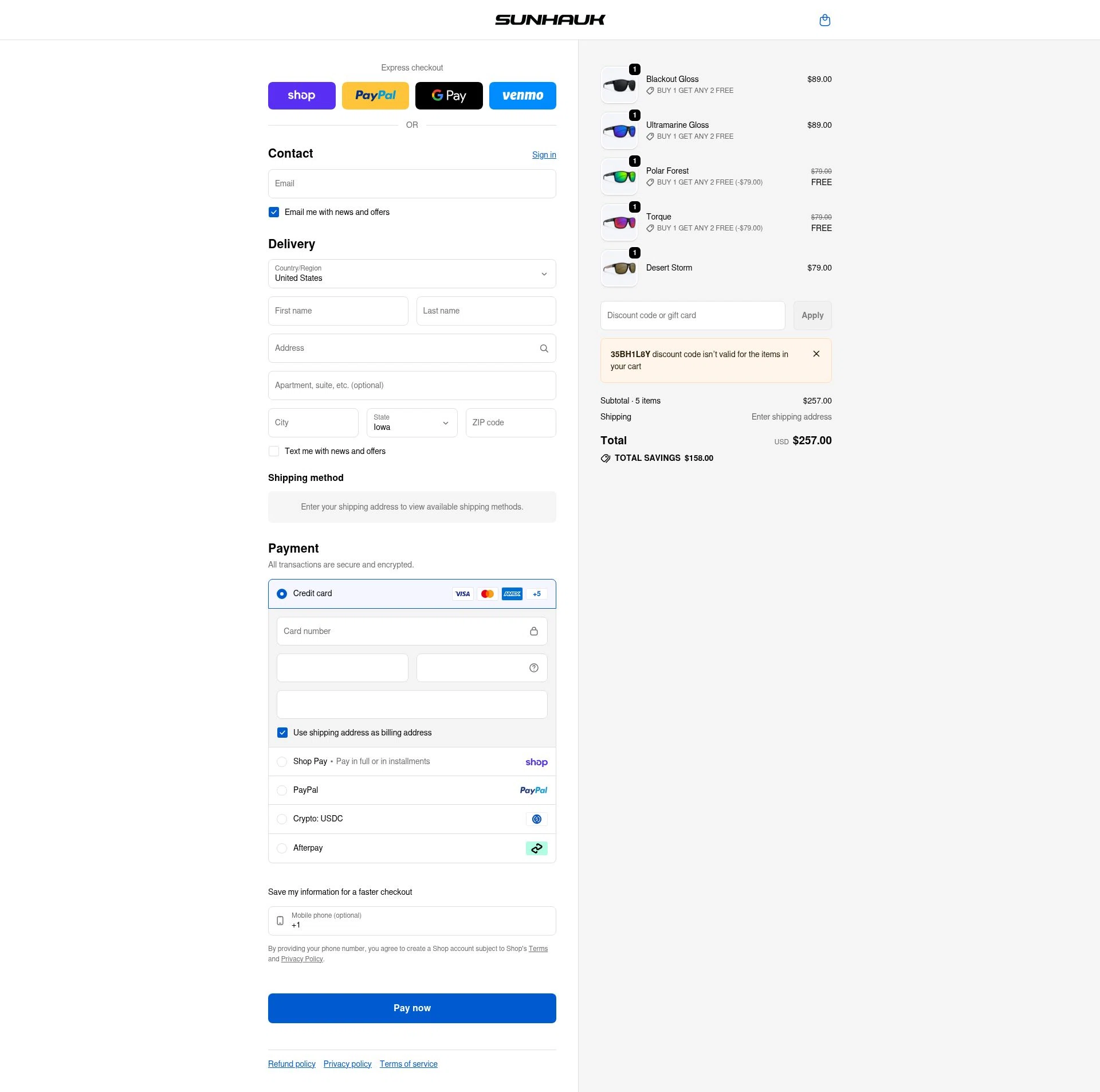Sunhauk Eyewear checkout page showing Sunhauk Eyewear promo code box | Screenshot taken by SimplyCodes community member on Feb 1, 2026