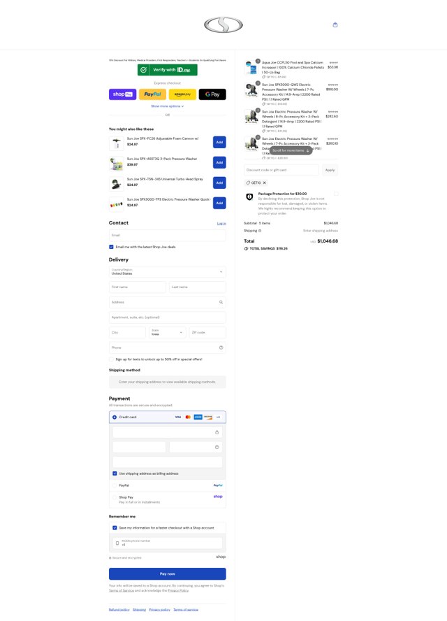 Snow Joe + Sun Joe checkout page showing Snow Joe + Sun Joe promo code box | Screenshot taken by SimplyCodes community member on Aug 27, 2025