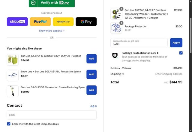 Snow Joe + Sun Joe checkout page showing Snow Joe + Sun Joe promo code box | Screenshot taken by SimplyCodes community member on Aug 26, 2025
