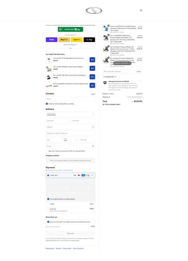 Snow Joe + Sun Joe checkout page showing Snow Joe + Sun Joe promo code box | Screenshot taken by SimplyCodes community member on Aug 31, 2025