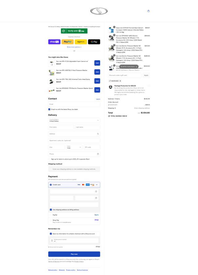 Snow Joe + Sun Joe checkout page showing Snow Joe + Sun Joe promo code box | Screenshot taken by SimplyCodes community member on Aug 27, 2025