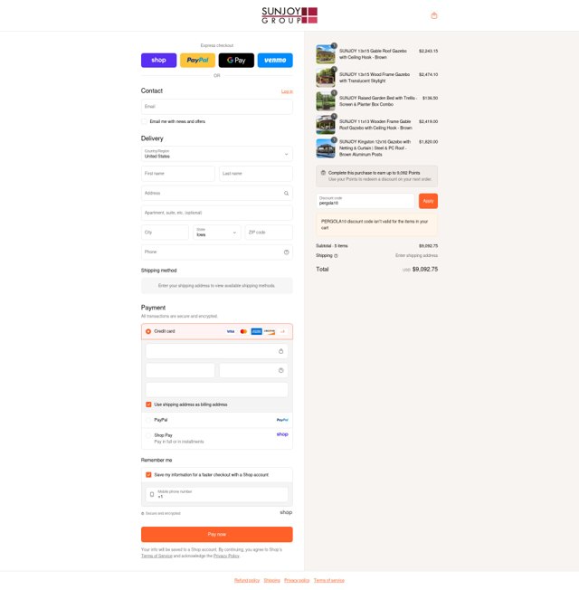 Sunjoy checkout page showing Sunjoy coupon code box | Screenshot taken by SimplyCodes community member on Sep 6, 2025