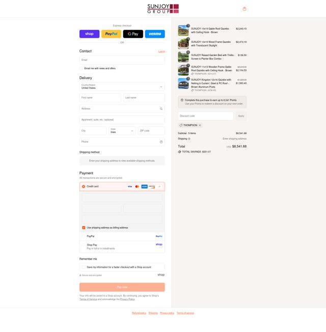 Sunjoy checkout page showing Sunjoy coupon code box | Screenshot taken by SimplyCodes community member on Sep 6, 2025