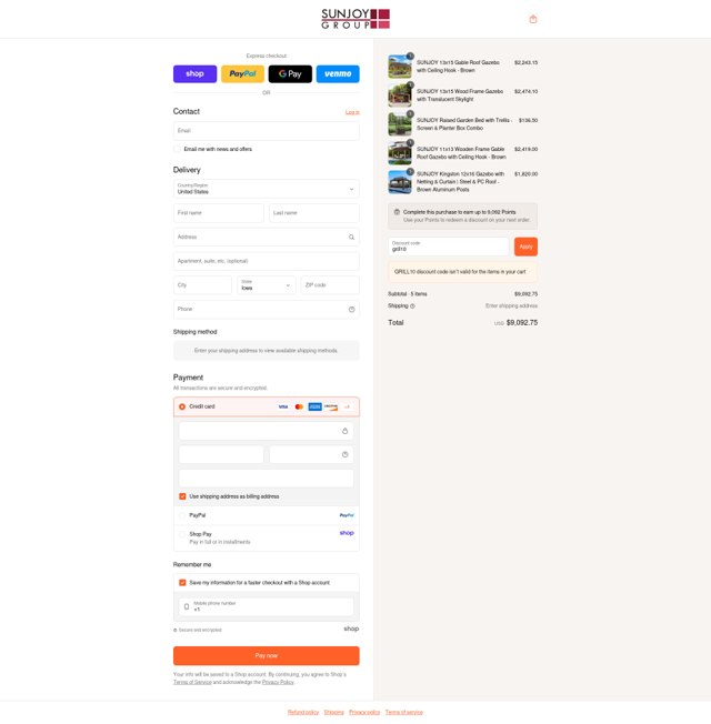 Sunjoy checkout page showing Sunjoy coupon code box | Screenshot taken by SimplyCodes community member on Sep 6, 2025