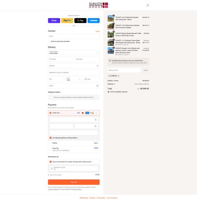 Sunjoy checkout page showing Sunjoy coupon code box | Screenshot taken by SimplyCodes community member on Sep 6, 2025