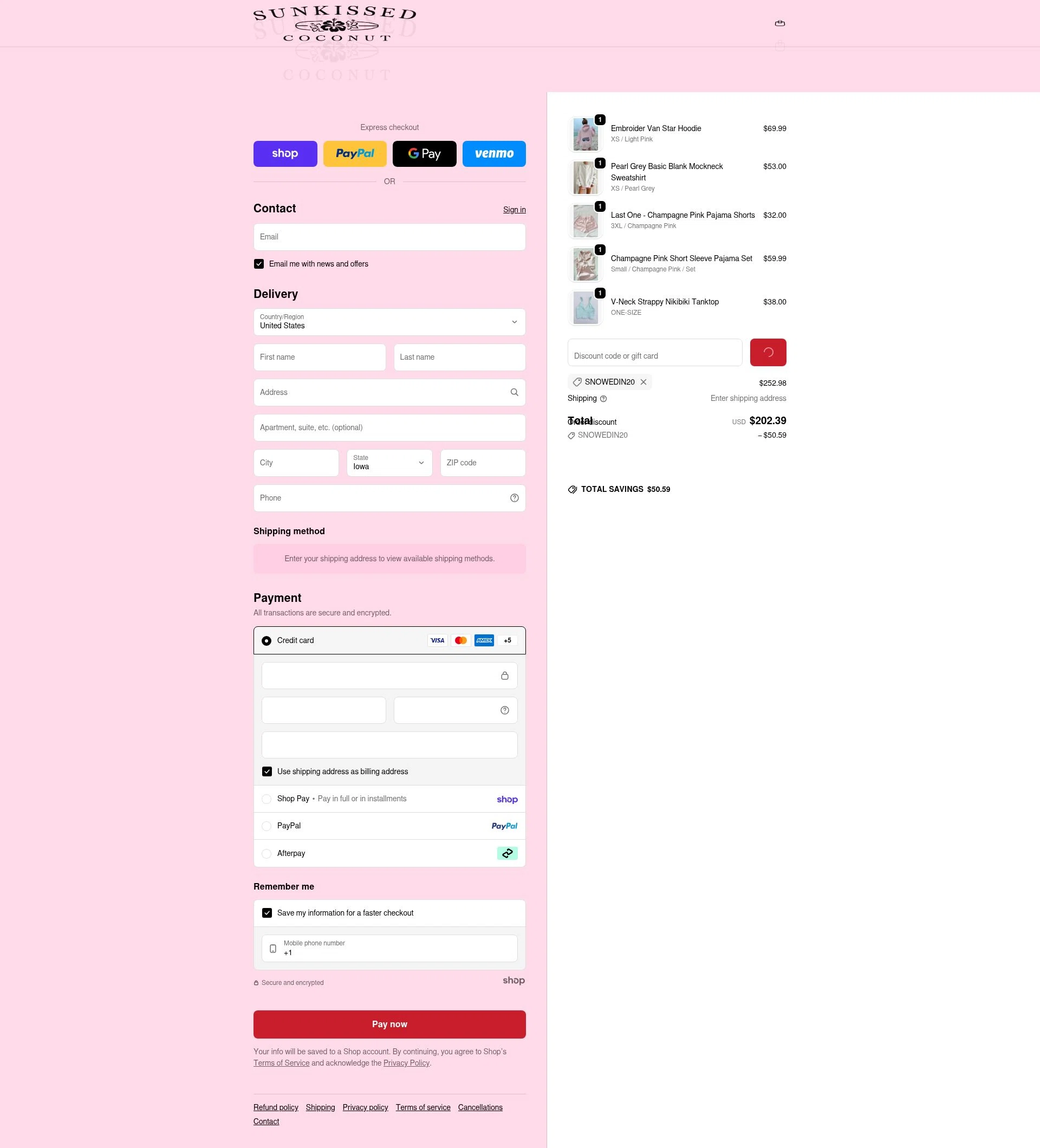Sunkissed Coconut checkout page showing Sunkissed Coconut discount code box | Screenshot taken by SimplyCodes community member on Jan 27, 2026