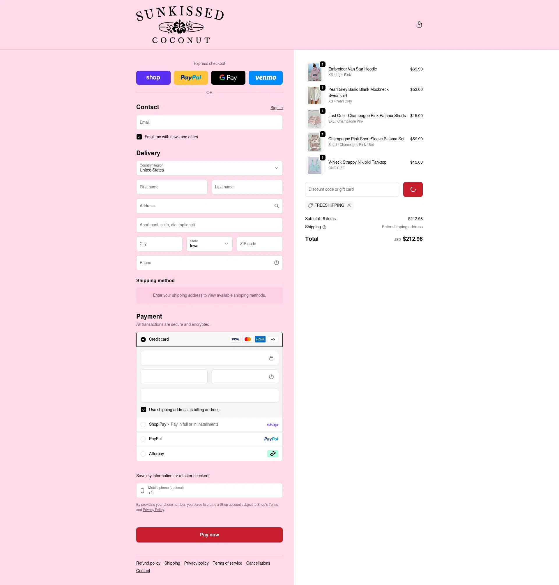 Sunkissed Coconut checkout page showing Sunkissed Coconut discount code box | Screenshot taken by SimplyCodes community member on Feb 5, 2026