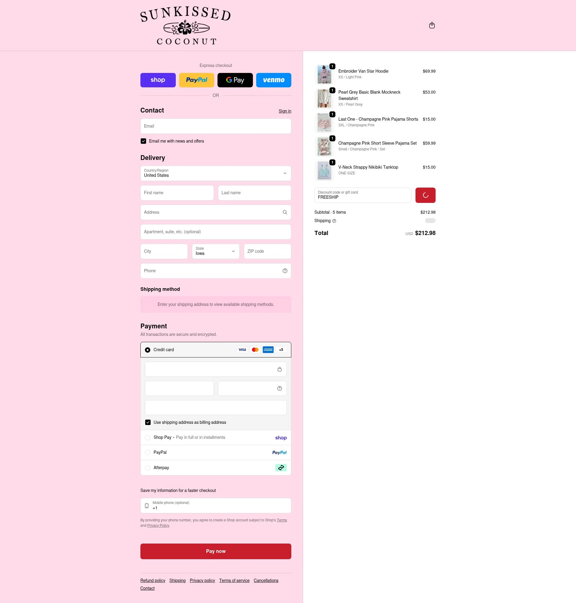 Sunkissed Coconut checkout page showing Sunkissed Coconut discount code box | Screenshot taken by SimplyCodes community member on Feb 9, 2026