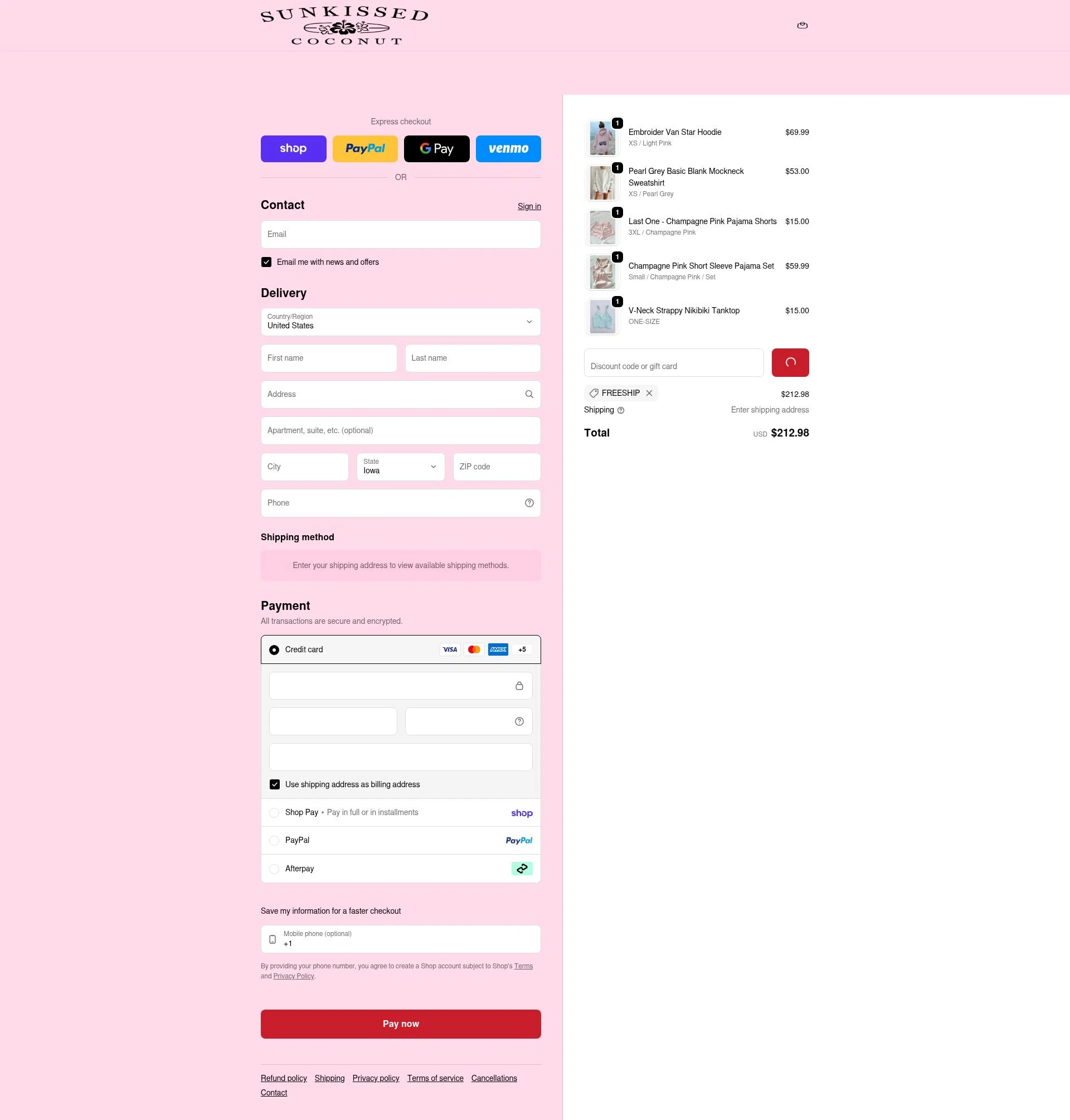 Sunkissed Coconut checkout page showing Sunkissed Coconut discount code box | Screenshot taken by SimplyCodes community member on Feb 5, 2026