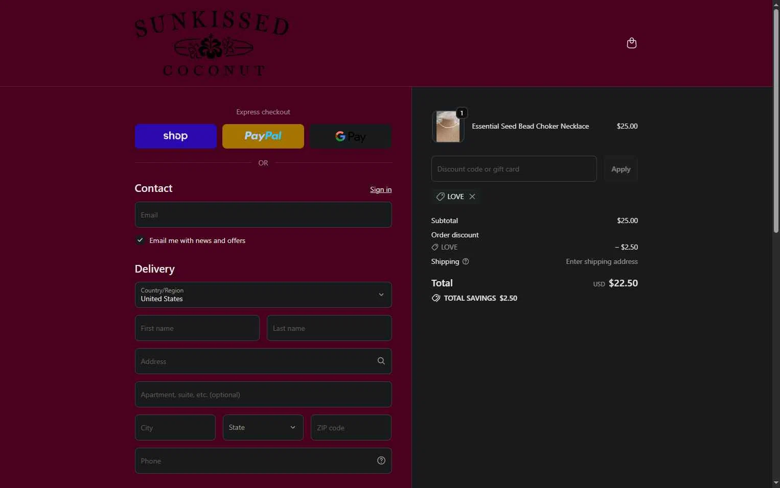 Sunkissed Coconut checkout page showing Sunkissed Coconut discount code box | Screenshot taken by SimplyCodes community member on Feb 2, 2026
