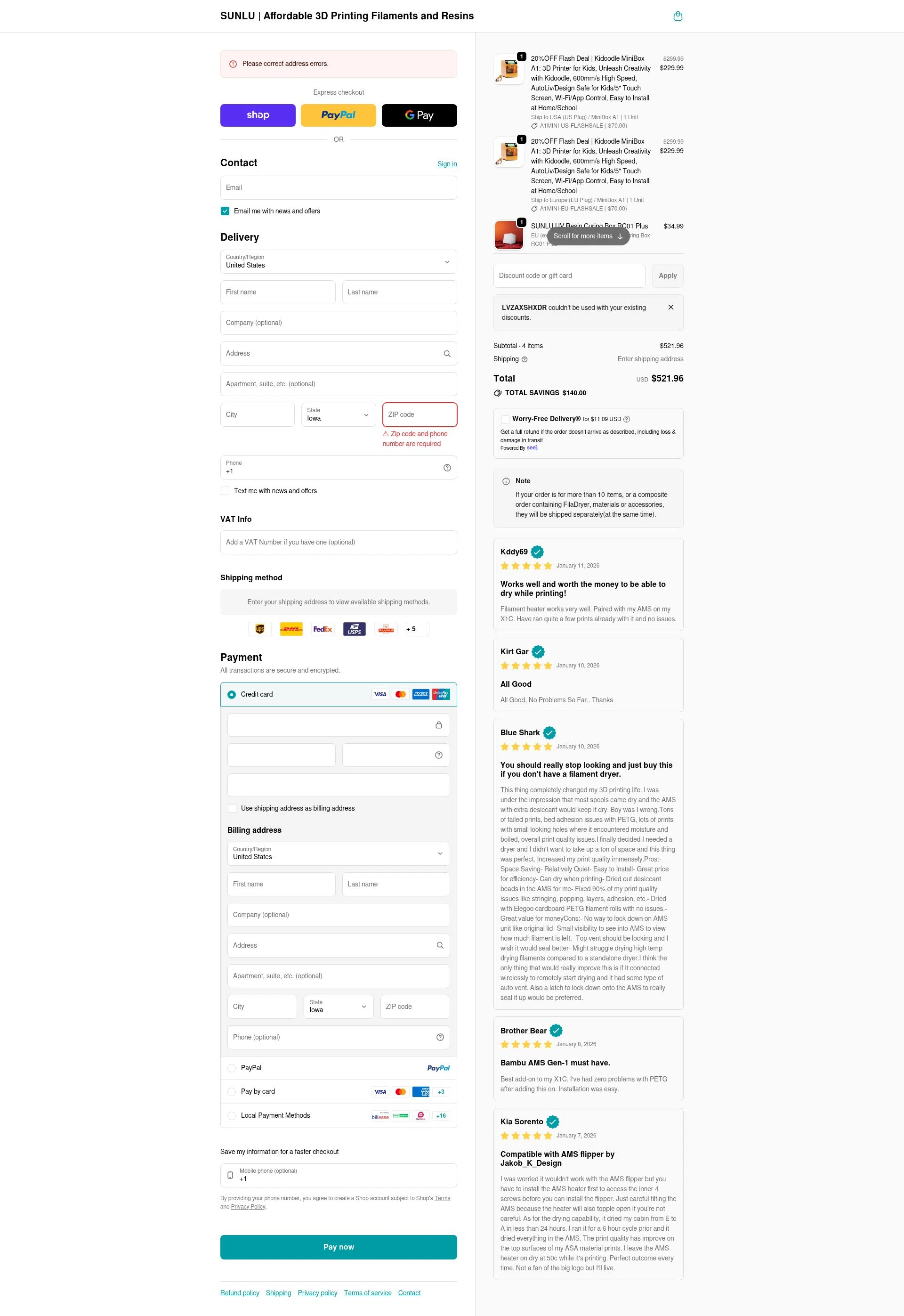 Sunlu checkout page showing Sunlu discount code box | Screenshot taken by SimplyCodes community member on Feb 6, 2026