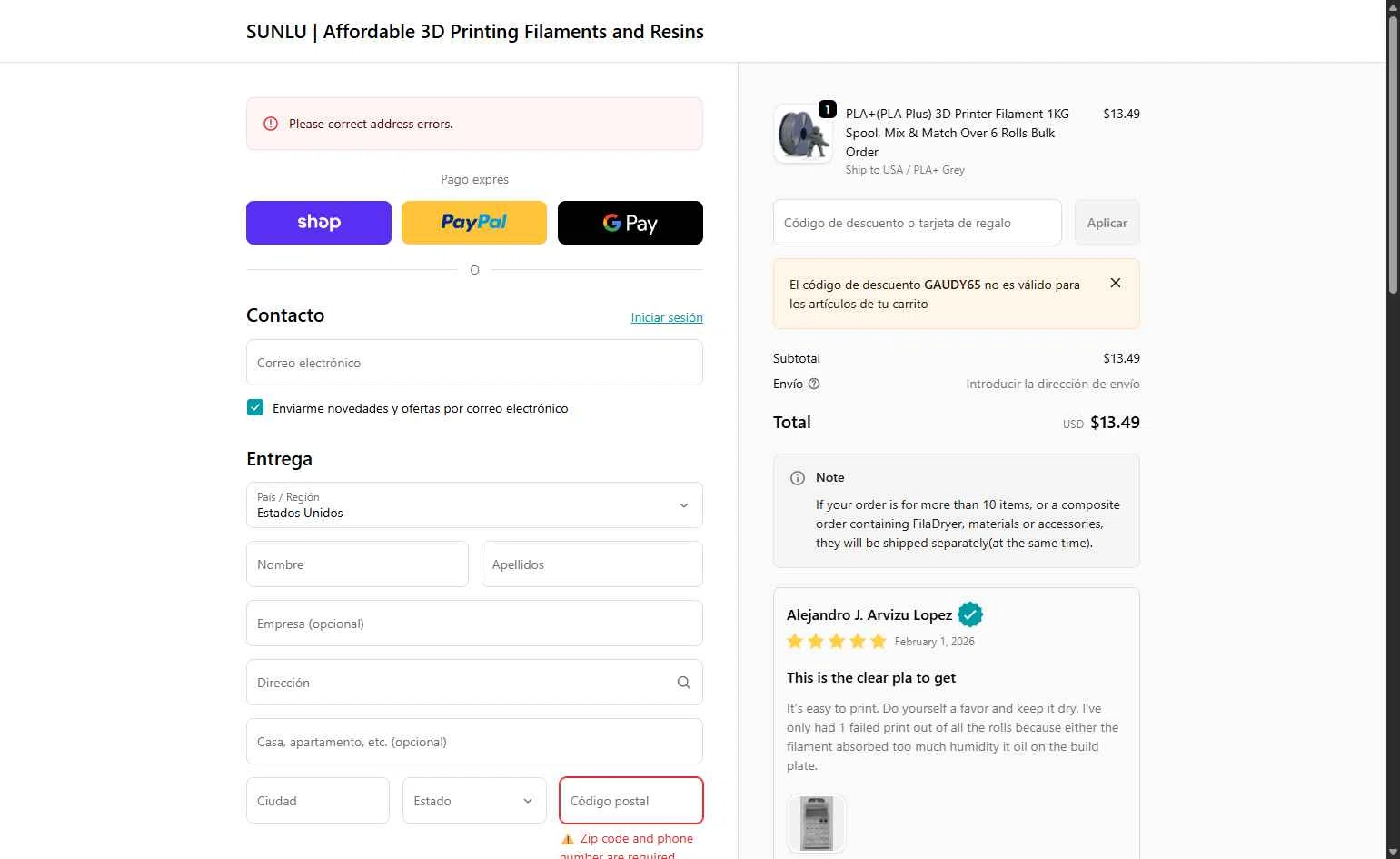 Sunlu checkout page showing Sunlu discount code box | Screenshot taken by SimplyCodes community member on Feb 7, 2026