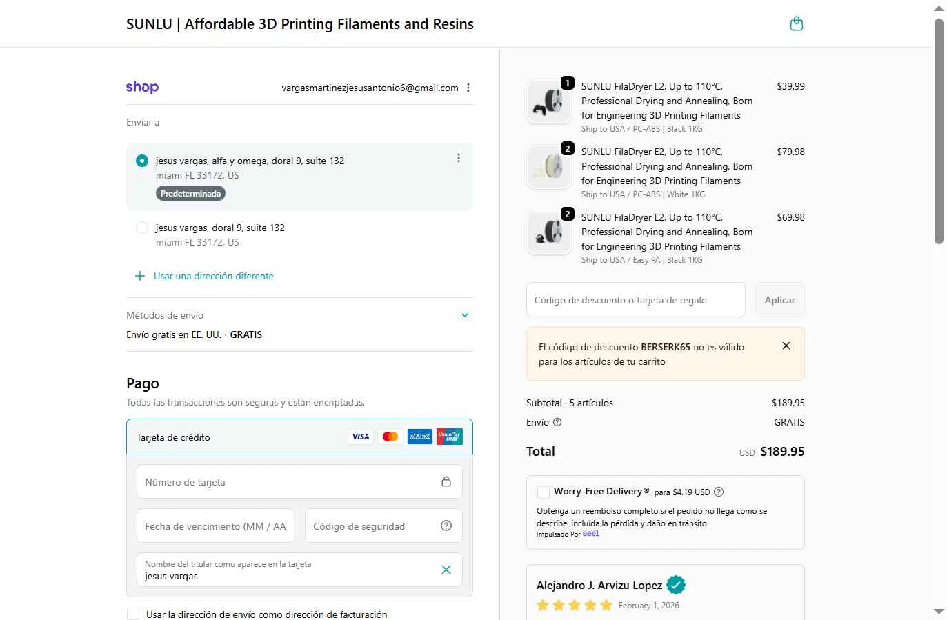 Sunlu checkout page showing Sunlu discount code box | Screenshot taken by SimplyCodes community member on Feb 7, 2026