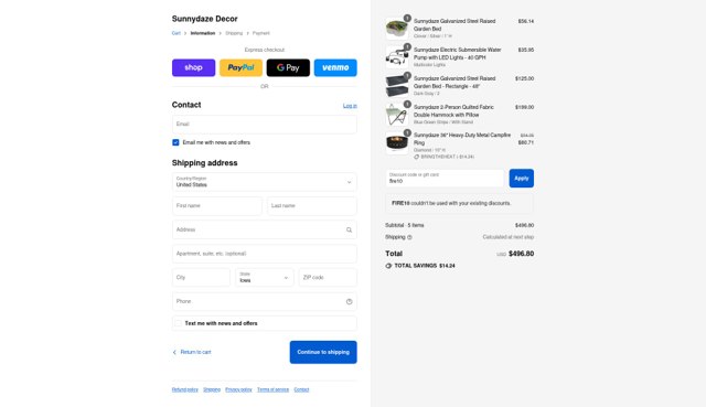 Sunnydaze Decor checkout page showing Sunnydaze Decor promo code box | Screenshot taken by SimplyCodes community member on Aug 29, 2025