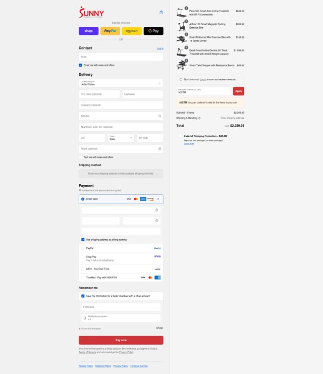 Sunny Health & Fitness checkout page showing Sunny Health & Fitness promo code box | Screenshot taken by SimplyCodes community member on Sep 6, 2025