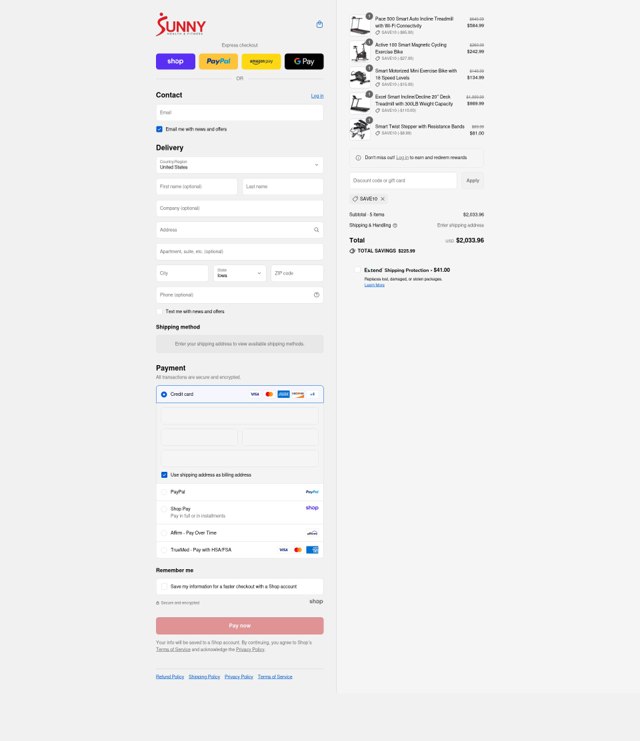 Sunny Health & Fitness checkout page showing Sunny Health & Fitness promo code box | Screenshot taken by SimplyCodes community member on Sep 6, 2025
