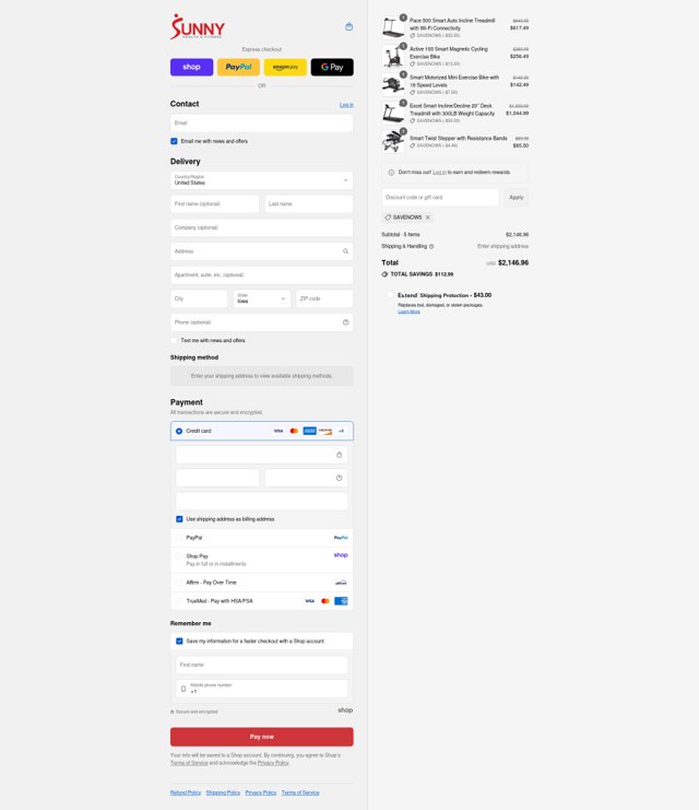 Sunny Health & Fitness checkout page showing Sunny Health & Fitness promo code box | Screenshot taken by SimplyCodes community member on Sep 6, 2025