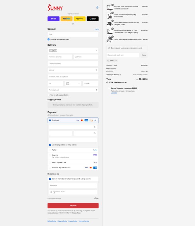 Sunny Health & Fitness checkout page showing Sunny Health & Fitness promo code box | Screenshot taken by SimplyCodes community member on Sep 6, 2025