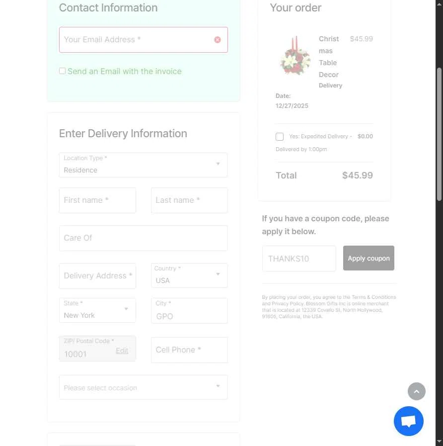 Sunny Flower Delivery checkout page showing Sunny Flower Delivery promo code box | Screenshot taken by SimplyCodes community member on Dec 24, 2025