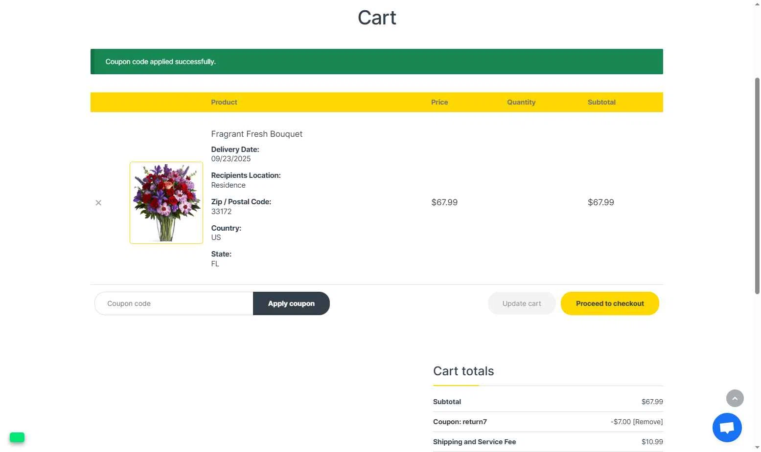 Sunny Flower Delivery checkout page showing Sunny Flower Delivery promo code box | Screenshot taken by SimplyCodes community member on Sep 20, 2025