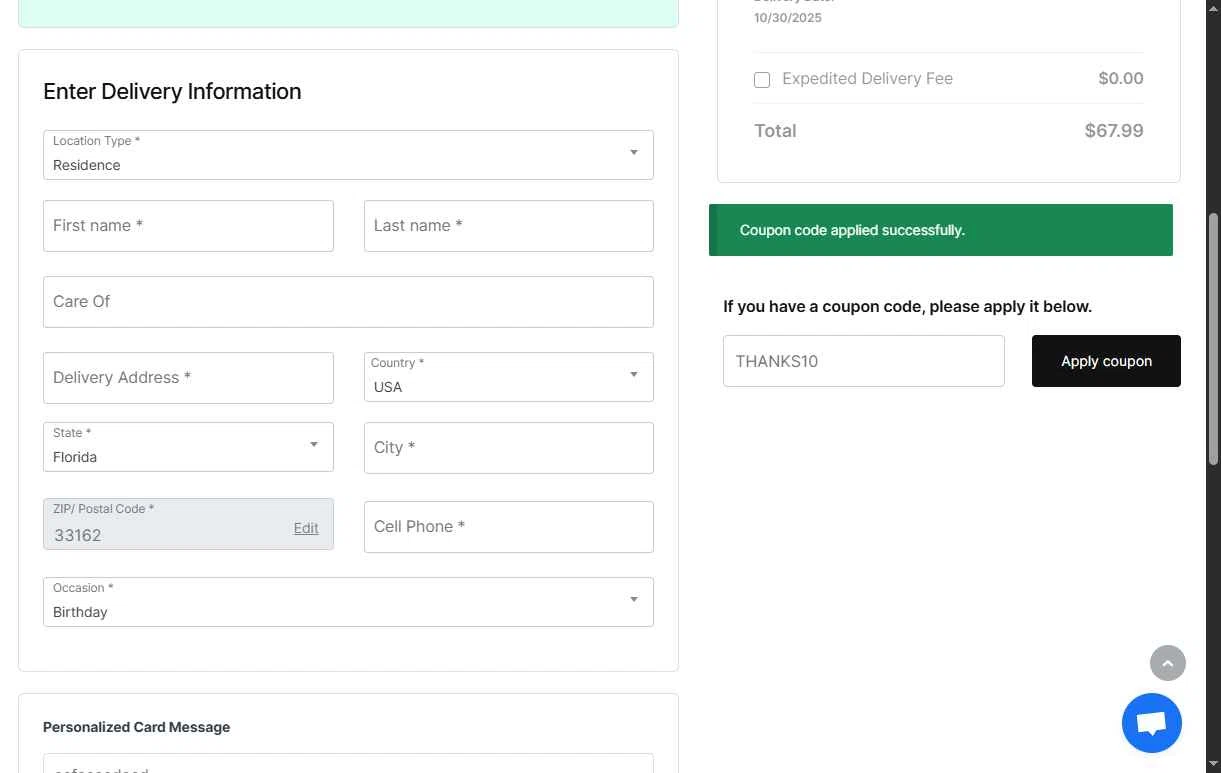 Sunny Flower Delivery checkout page showing Sunny Flower Delivery promo code box | Screenshot taken by SimplyCodes community member on Oct 27, 2025