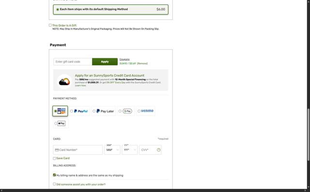 SunnySports checkout page showing SunnySports coupon code box | Screenshot taken by SimplyCodes community member on Aug 17, 2025