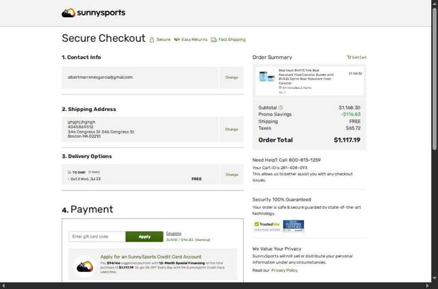 SunnySports checkout page showing SunnySports coupon code box | Screenshot taken by SimplyCodes community member on Jul 18, 2025