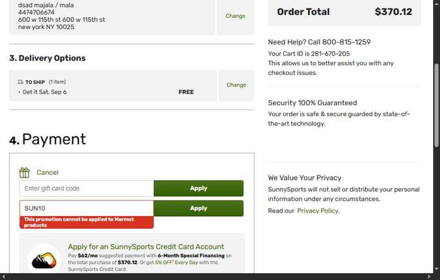 SunnySports checkout page showing SunnySports coupon code box | Screenshot taken by SimplyCodes community member on Sep 4, 2025