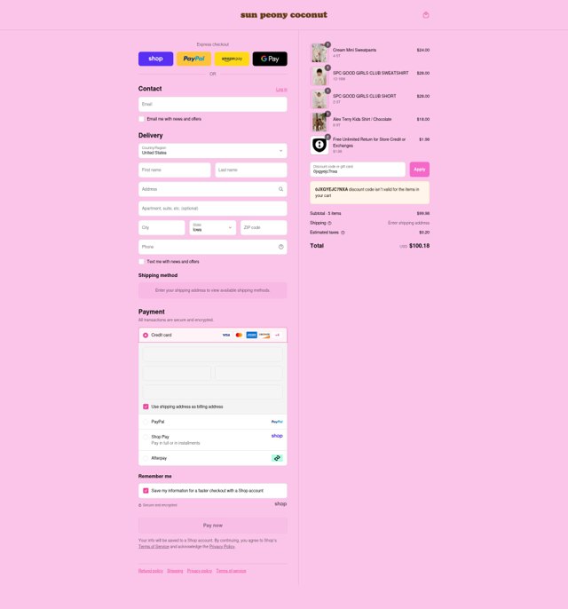 Sun Peony Coconut checkout page showing Sun Peony Coconut promo code box | Screenshot taken by SimplyCodes community member on Sep 1, 2025