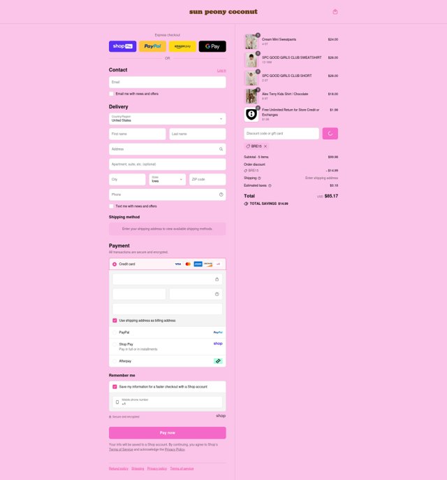 Sun Peony Coconut checkout page showing Sun Peony Coconut promo code box | Screenshot taken by SimplyCodes community member on Aug 28, 2025