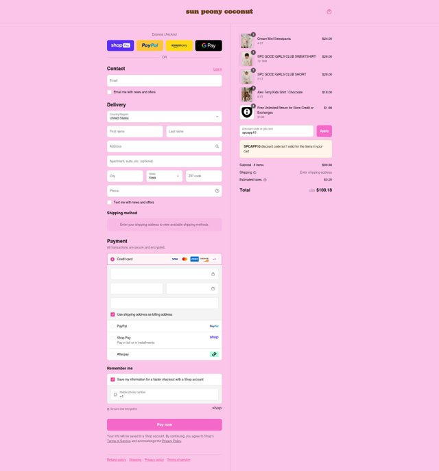Sun Peony Coconut checkout page showing Sun Peony Coconut promo code box | Screenshot taken by SimplyCodes community member on Aug 24, 2025