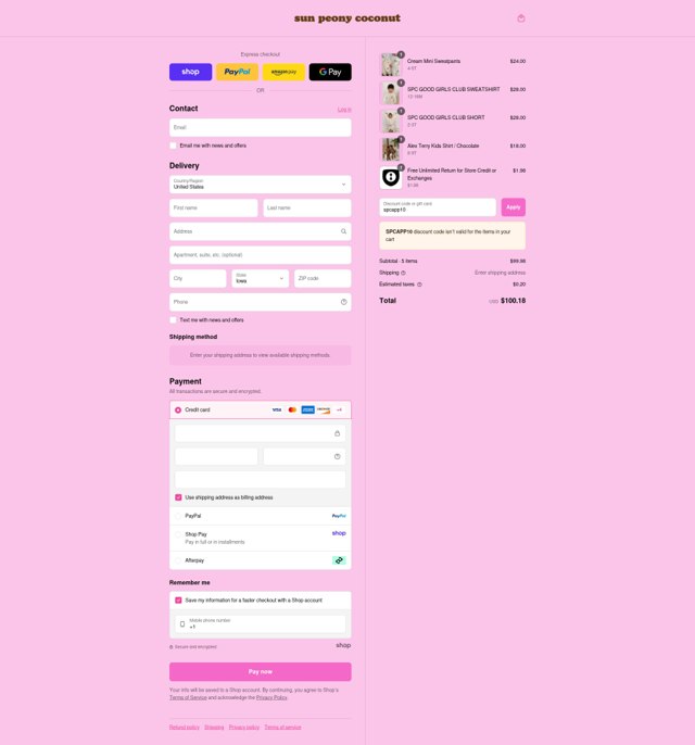 Sun Peony Coconut checkout page showing Sun Peony Coconut promo code box | Screenshot taken by SimplyCodes community member on Sep 1, 2025
