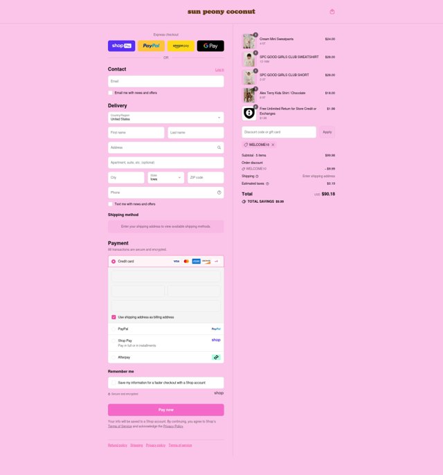 Sun Peony Coconut checkout page showing Sun Peony Coconut promo code box | Screenshot taken by SimplyCodes community member on Aug 28, 2025