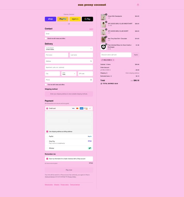 Sun Peony Coconut checkout page showing Sun Peony Coconut promo code box | Screenshot taken by SimplyCodes community member on Sep 1, 2025