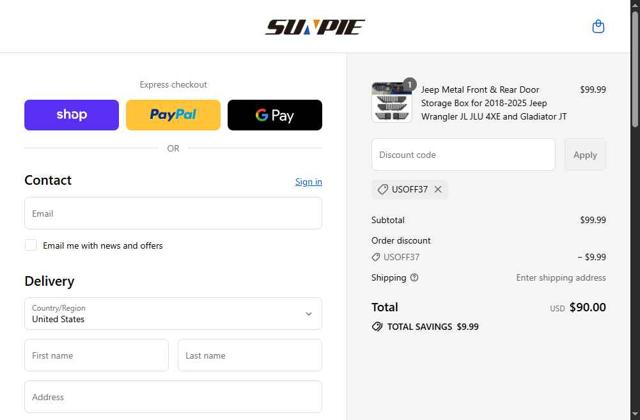 Sunpie checkout page showing Sunpie discount code box | Screenshot taken by SimplyCodes community member on Sep 16, 2025