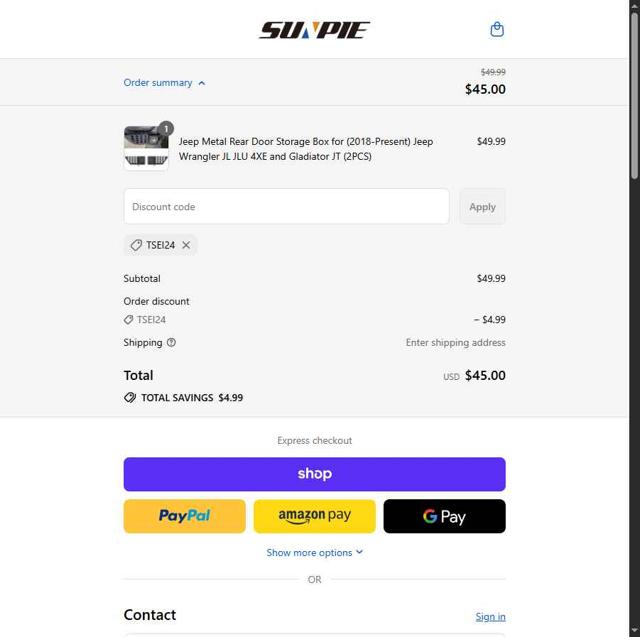 Sunpie checkout page showing Sunpie discount code box | Screenshot taken by SimplyCodes community member on Sep 17, 2025