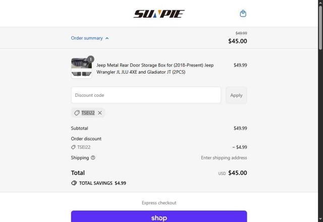 Sunpie checkout page showing Sunpie discount code box | Screenshot taken by SimplyCodes community member on Sep 16, 2025