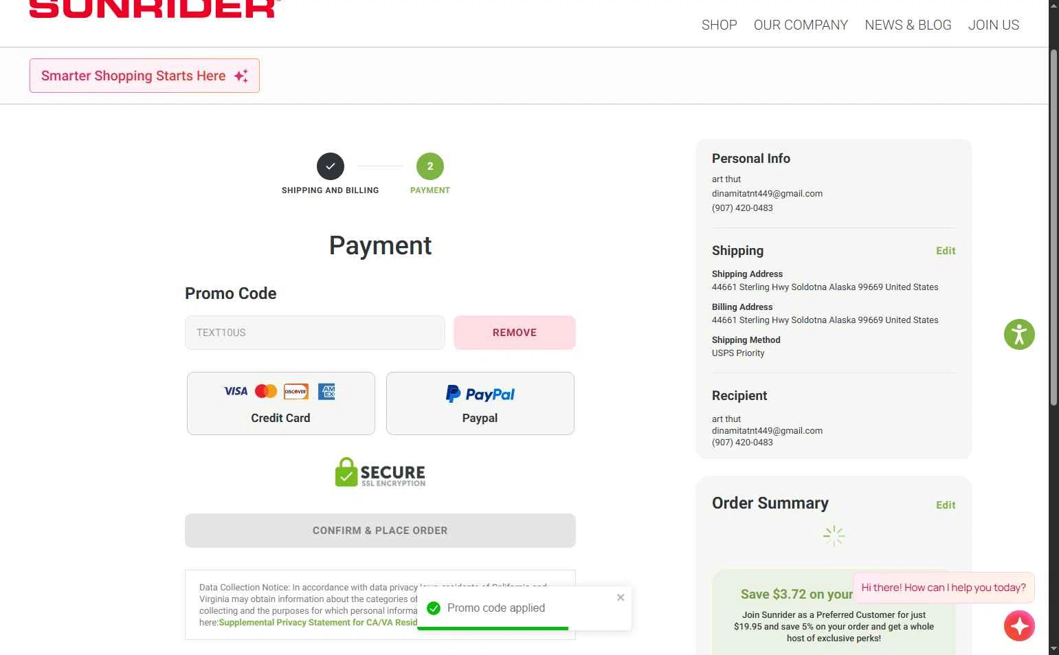 Sunrider checkout page showing Sunrider coupon code box | Screenshot taken by SimplyCodes community member on Oct 31, 2025