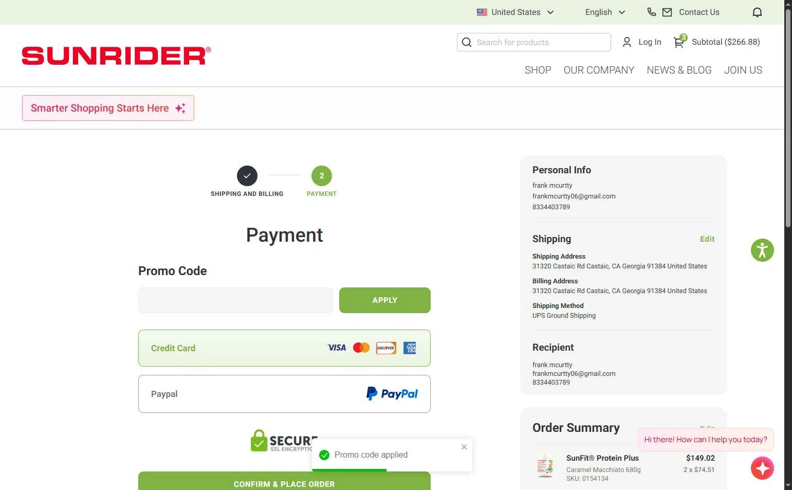Sunrider checkout page showing Sunrider coupon code box | Screenshot taken by SimplyCodes community member on Dec 1, 2025