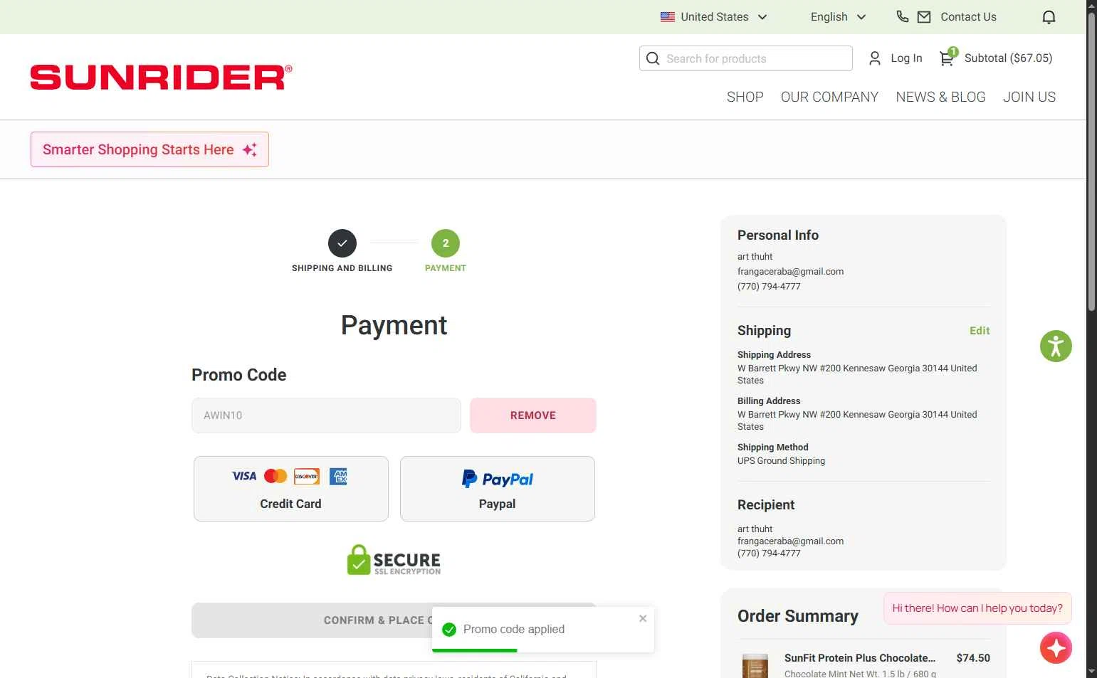 Sunrider checkout page showing Sunrider coupon code box | Screenshot taken by SimplyCodes community member on Oct 10, 2025