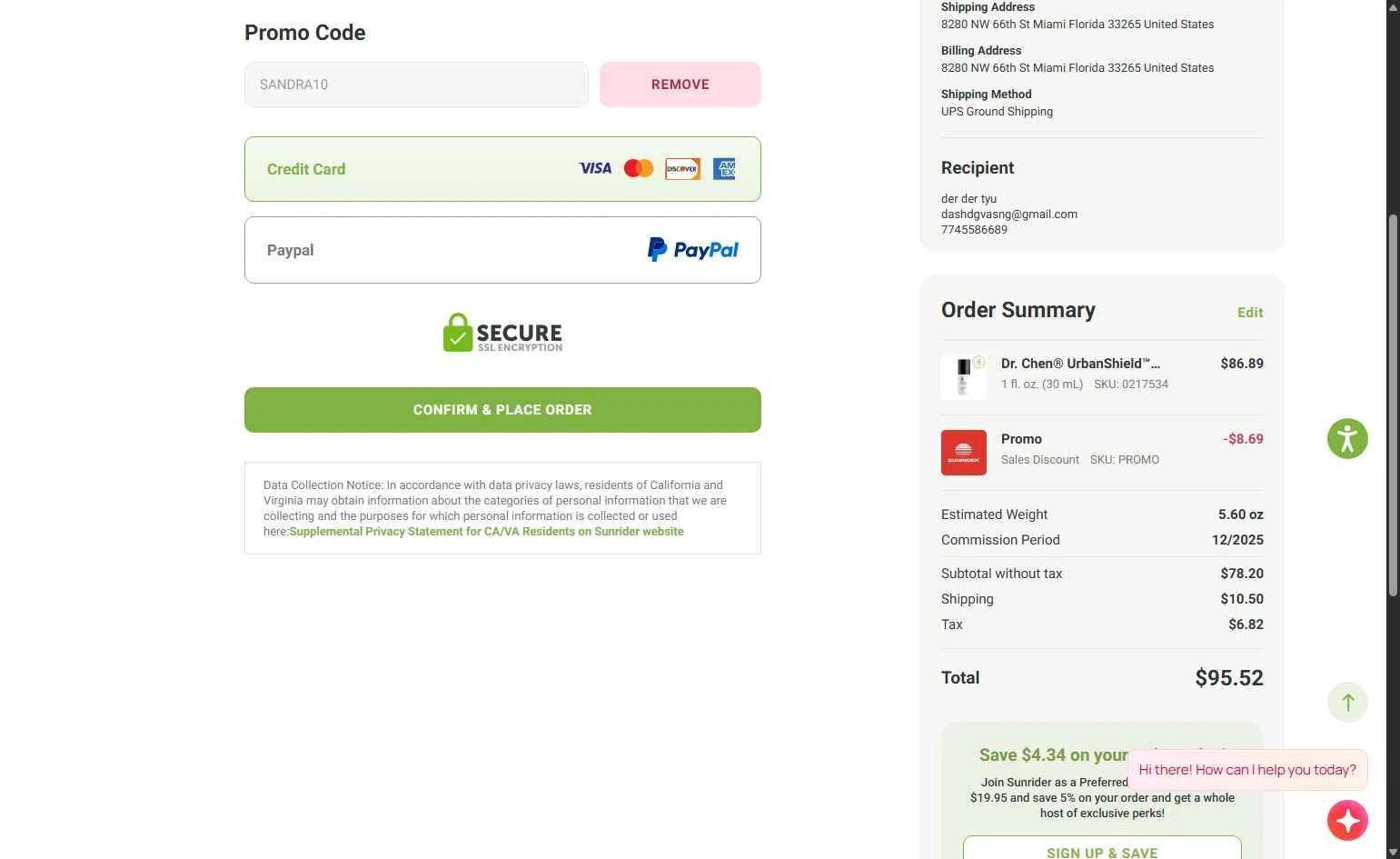 Sunrider checkout page showing Sunrider coupon code box | Screenshot taken by SimplyCodes community member on Dec 1, 2025