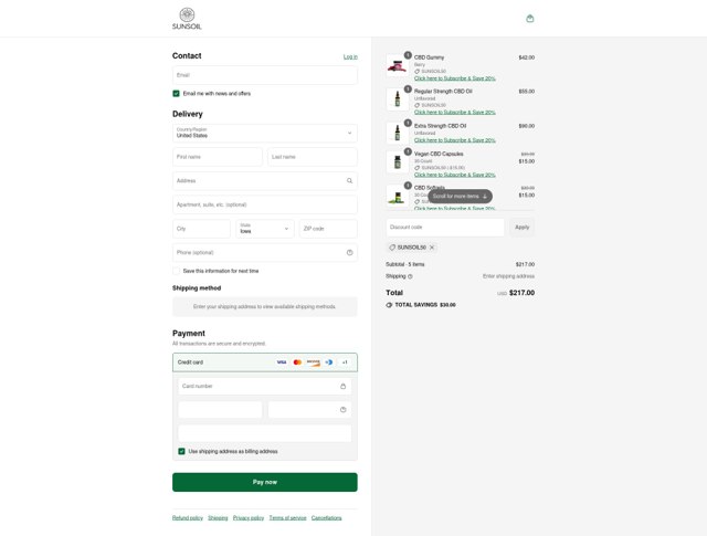 Sunsoil checkout page showing Sunsoil discount code box | Screenshot taken by SimplyCodes community member on Sep 6, 2025