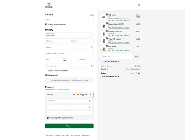 Sunsoil checkout page showing Sunsoil discount code box | Screenshot taken by SimplyCodes community member on Sep 6, 2025