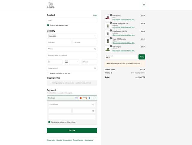 Sunsoil checkout page showing Sunsoil discount code box | Screenshot taken by SimplyCodes community member on Sep 6, 2025